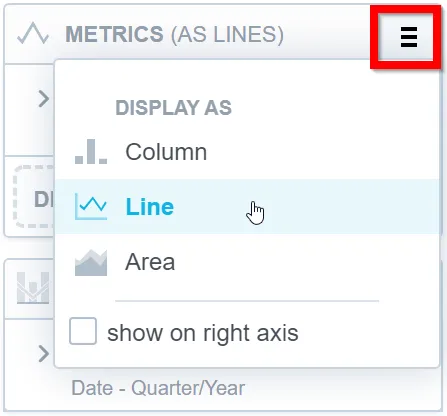 The hamburger icon to the right of the metric bucket's title is highlighted. It opens the Display as dropdown with the Column, Line, Area, and Show on right axis options.