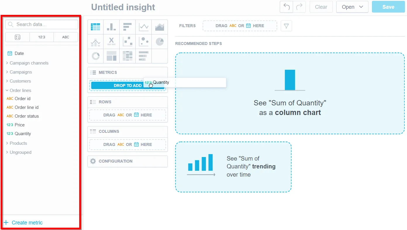 Analytical Designer with the Data Catalog panel on the left. The search bar is at the top, type filter buttons for metrics, facts, and attributes are directly below. Individual metrics, facts, and attributes are listed and grouped below. The Quantity item is being dragged into the Metrics bucket.