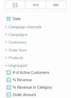 Data Catalog panel with grouped fields under Date, Campaign channels, Campaigns, Customers, Order lines, Products, and Ungrouped.