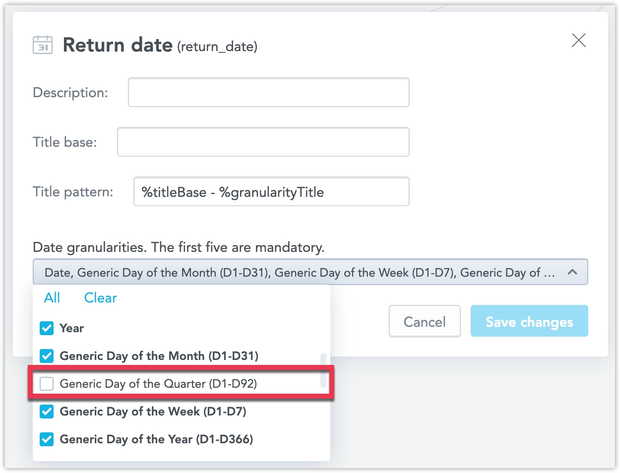 Date granularities selection editor for a date data set in the Logical Data Model editor.