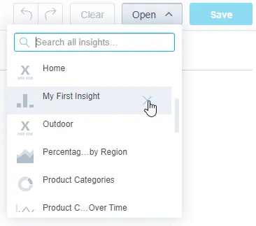The list of existing visualizations with the cross icon to the right of a highlighted visualization name.
