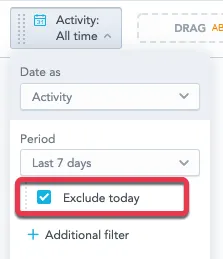 Date filter dialog with the Period field set to last 7 days. The Exclude today checkbox is checked and located below the period selector.