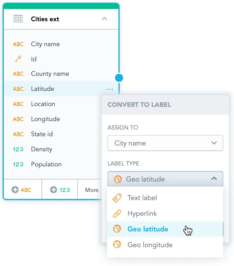 Click the ellipsis button to the right of a data object to open a dropdown with the Convert to label option. Selecting it opens the Convert to label dialog. In this example, Geo latitude is selected as the label type and assigned to the attribute City name.