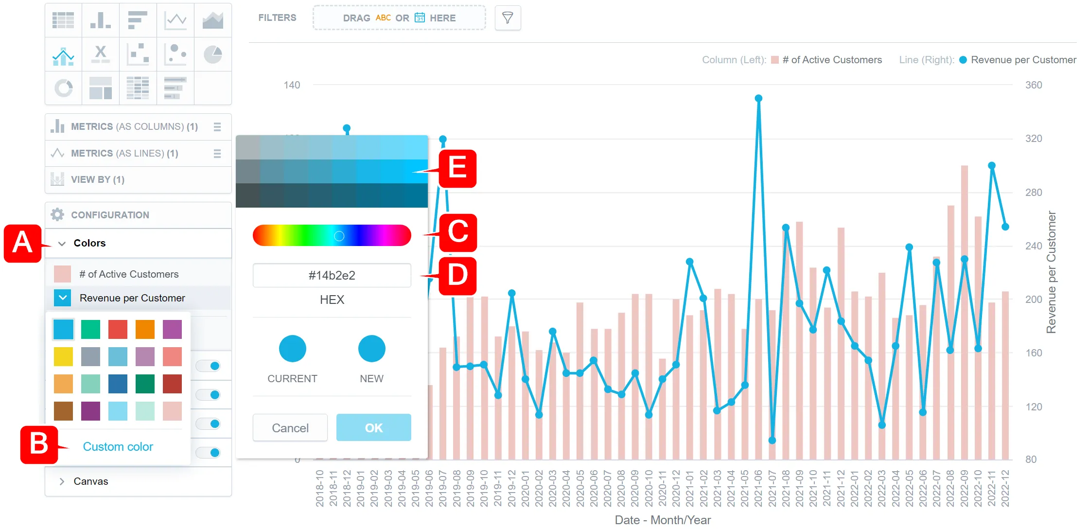Color settings expanded in the configuration panel. A metric is selected, opening a color selection dialog that includes a grid of predefined colors and a Custom color button at the bottom. Clicking the Custom color button opens a color picker with a palette in the middle, a HEX code input field below, a refined color scale at the top, and a preview comparing the current color and the newly selected one.