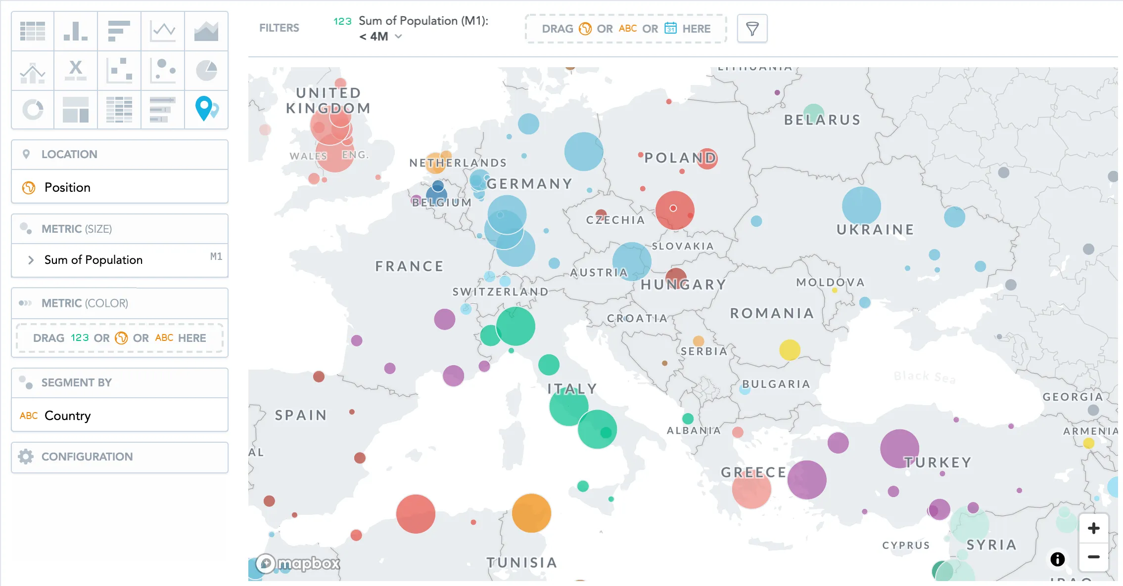 Map showing city population under 4 million segmented by country. Dots vary in color by country and in size by population, with Sum of Population in the Metric (size) bucket and Country in Segment by.