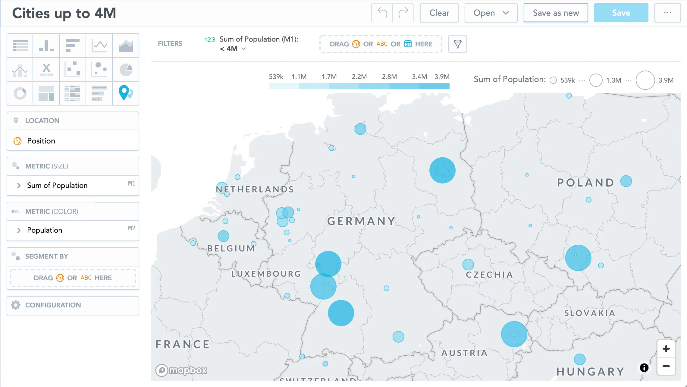 Map showing cities with population under 4 million. Dot size and color reflect population values. Sum of Population is in the Metric (size) bucket and Population is in the Metric (color) bucket.