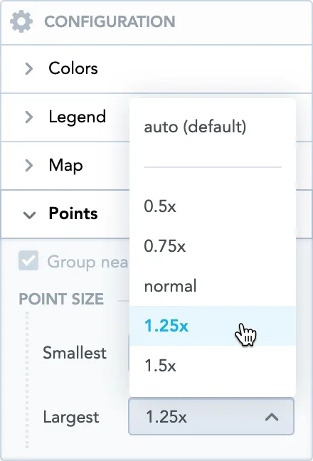 Configuration panel for geo chart point sizes. The Points section is expanded showing a dropdown to set the dot size scale, with 1.25x selected.