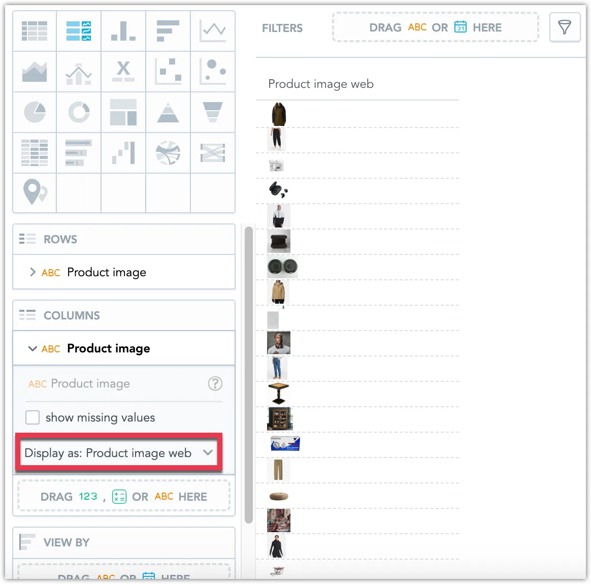 Repeater table showing product images rendered in a column, each image corresponding to a row based on product image web values.