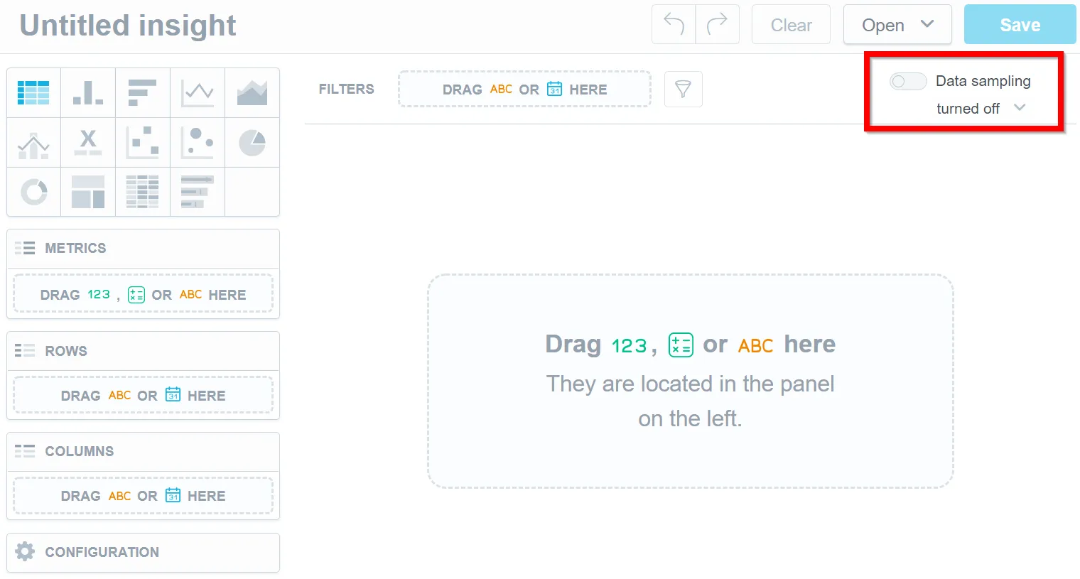 Empty Analytical Designer with a highlighted section in the top-right corner showing that data sampling is turned off.