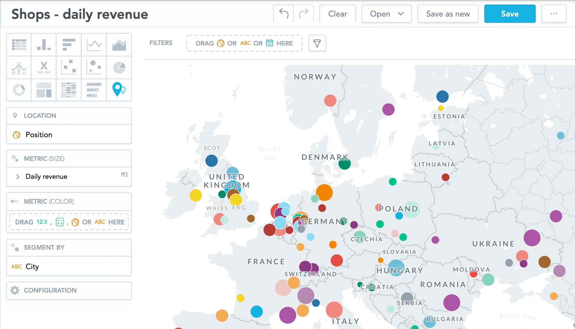 Map showing shop daily revenue with multicolored dots. Dot size represents Daily revenue and Segment by is set to City. Position is in the Location bucket.