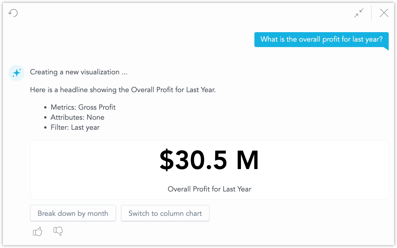Screenshot of the assistant showing query 'What is the overall profit for last year?' and a response in form of a generated Headline showing the value of profits for previous year.