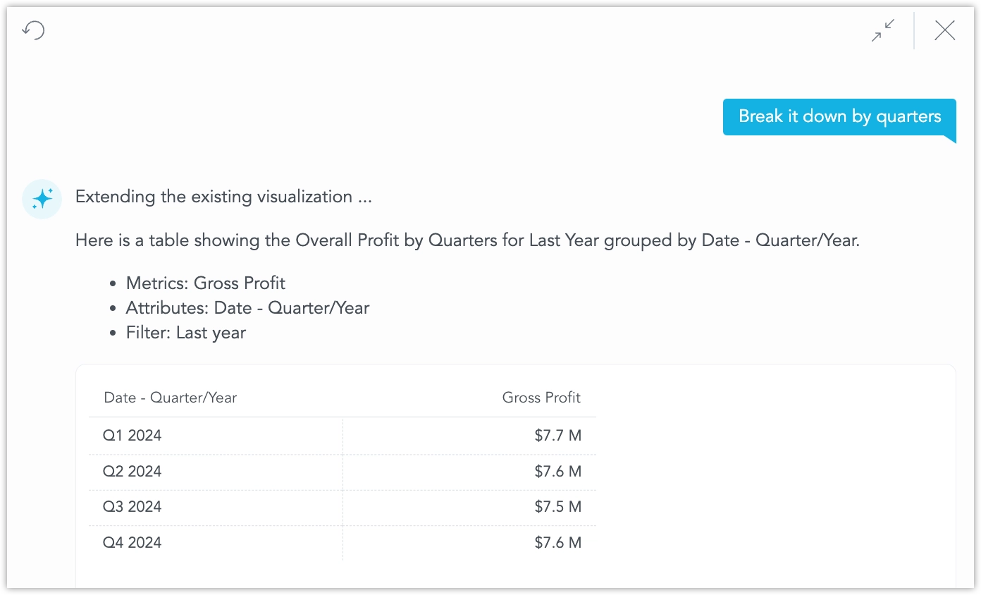 Screenshot of the assistant showing query 'Break it down by quarters' and a response in form of a table with 4 rows, each showing profit for a quarter.