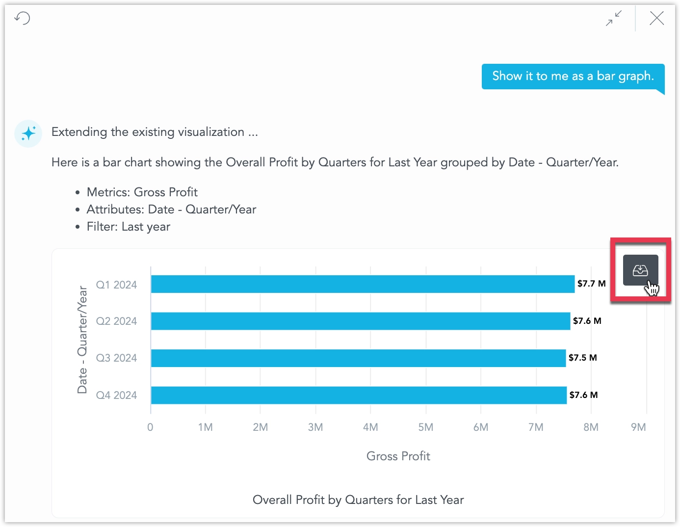 Same screenshot of the assistant again, this time showing the mouse cursor hovering over the visualization and the save button showing up.