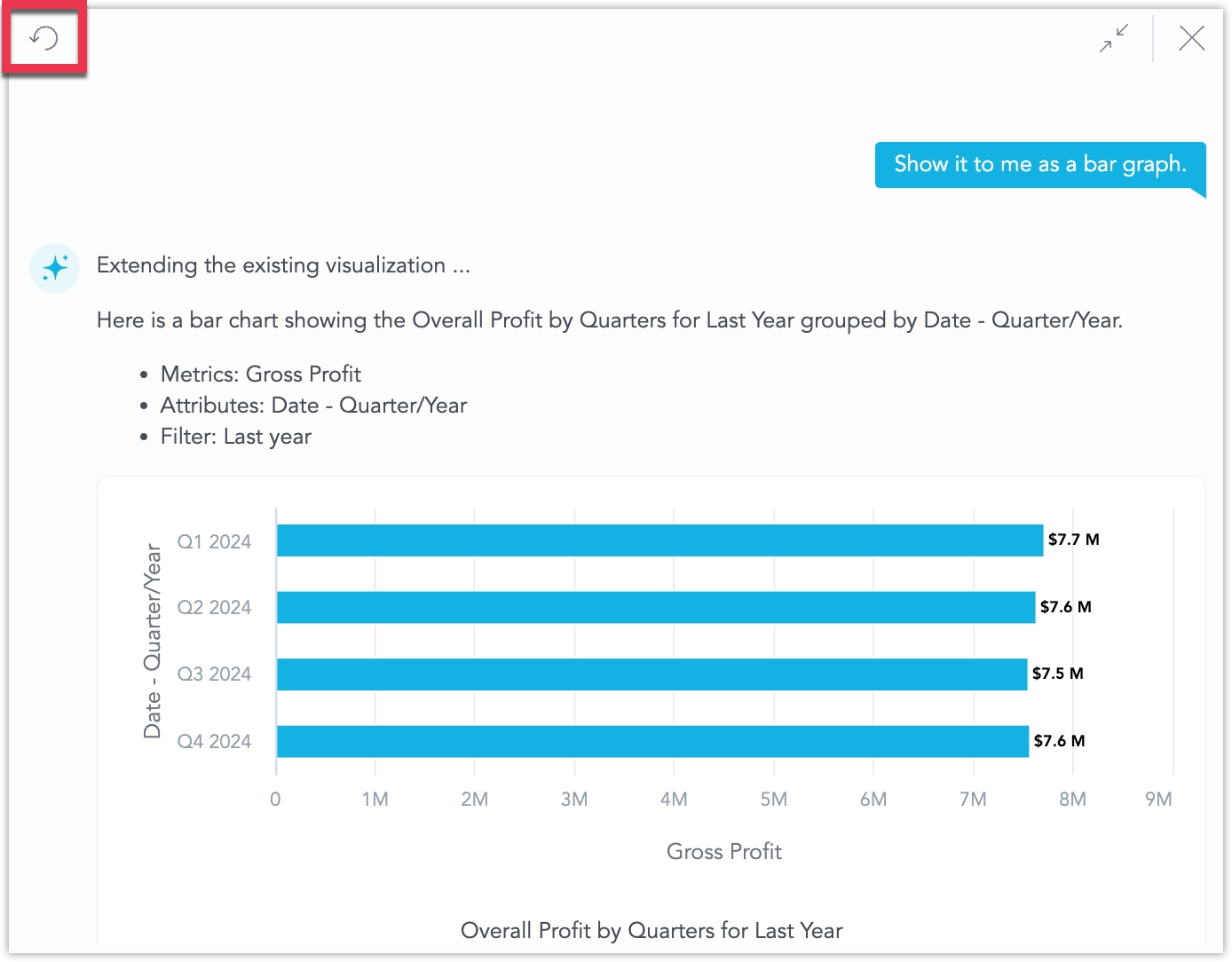 Same screenshot of the assistant again, this time showing the mouse cursor hovering over the top left corner of the assistant, over the reset button.