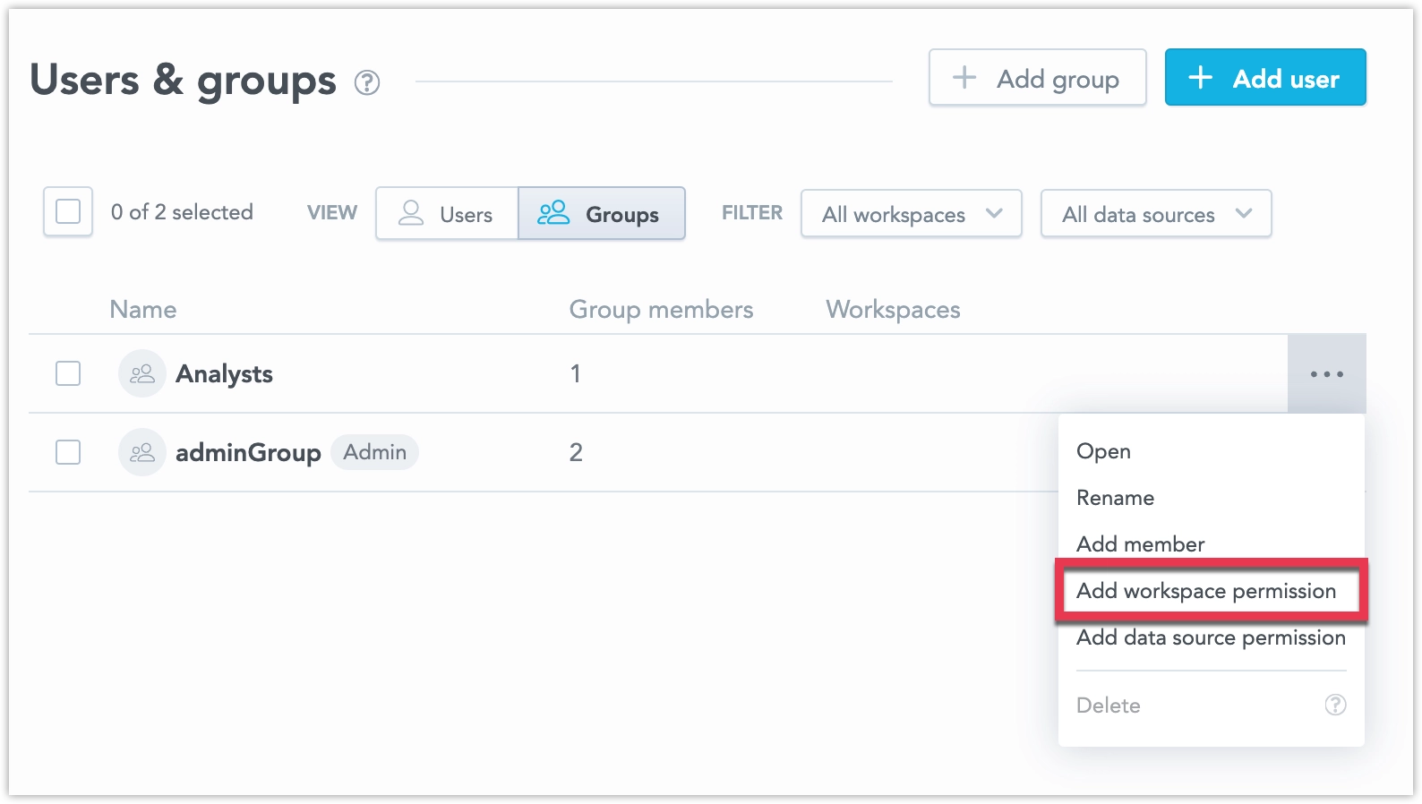 User and groups page showing the ... menu being opened and the Add workspace permission option highlighted.