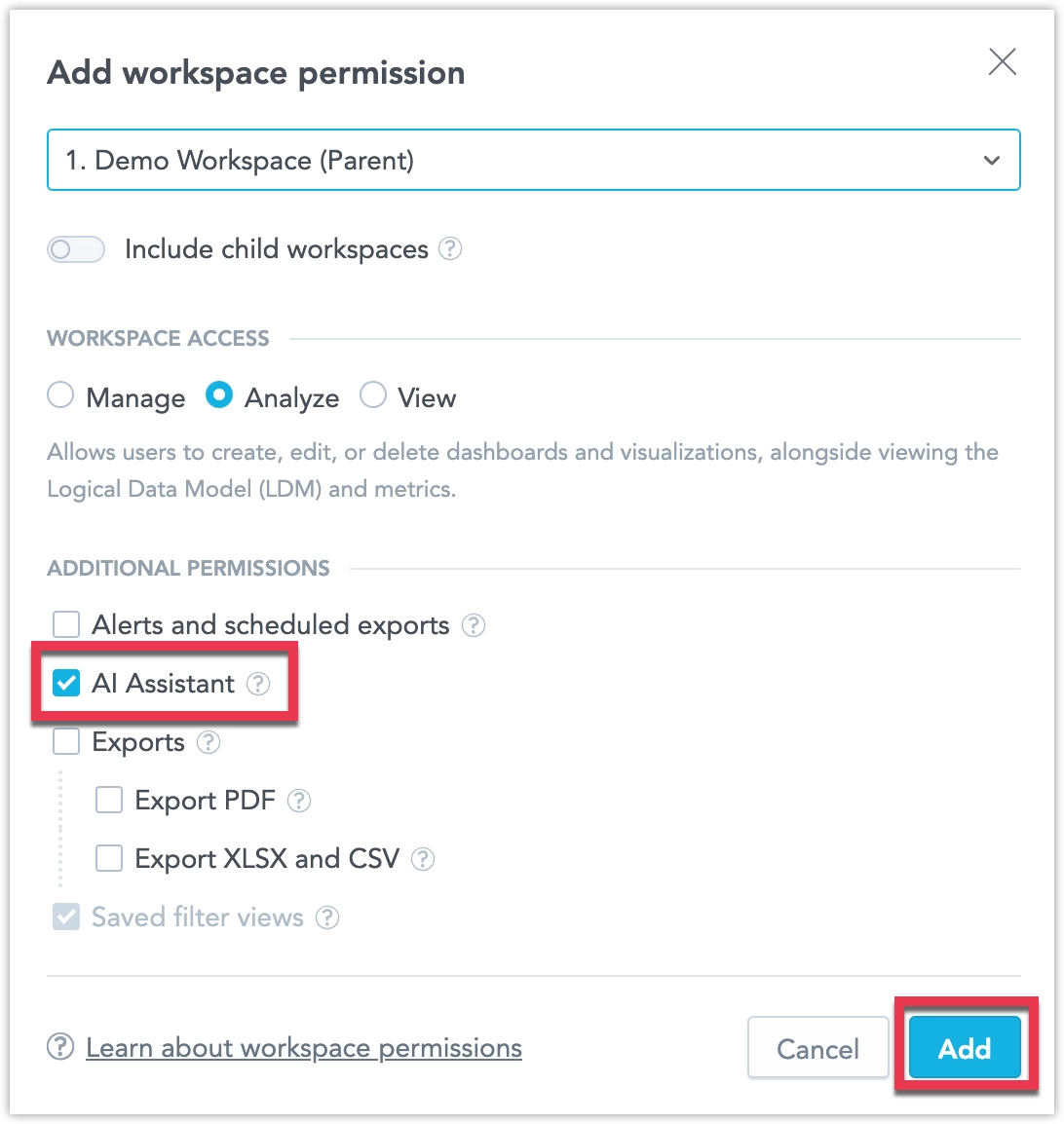 The Add workspace permission dialog highlighting the AI assistant option being selected.