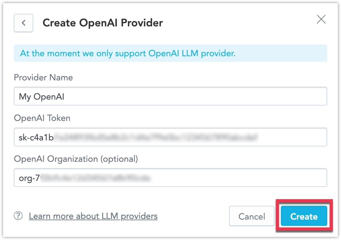 Screenshot of the AI assistant dialog where you input provider specific values like the API key.