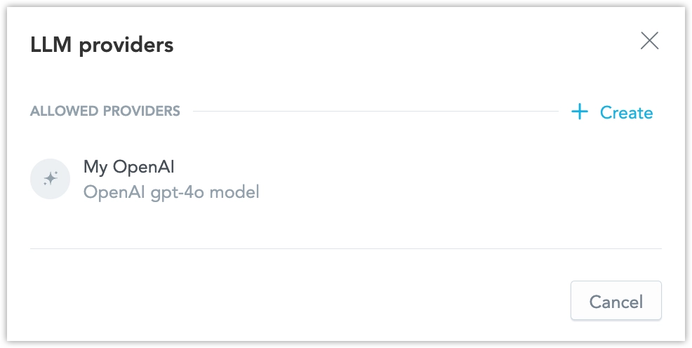 LLM provider catalog dialog showing the newly created provider.