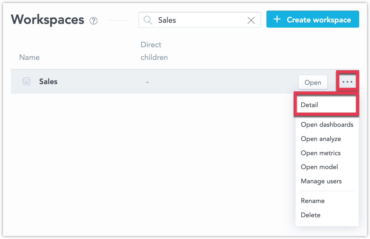 The workspace catalog interface showing the ... menu open for a particular workspace and the Detail button highlighted.