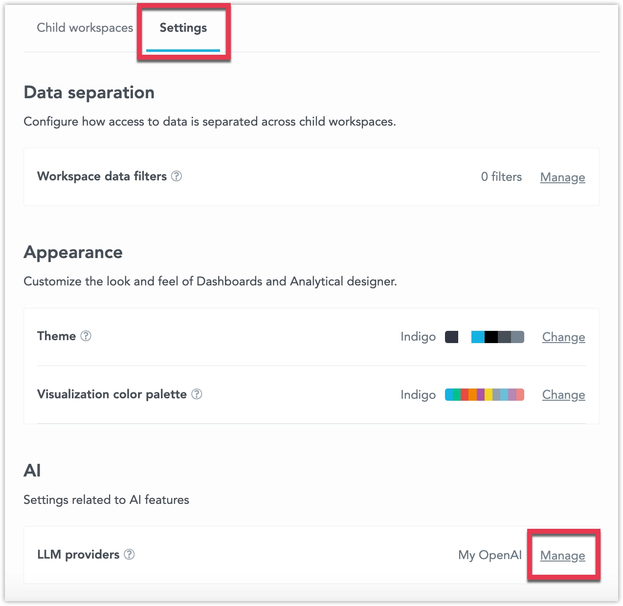 The Workspace detail tab highlighting the LLM providers section and its Manage button.