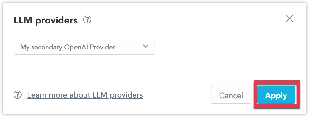 Manage LLM providers dialog showing selected LLM provider and highlighting the Apply button.