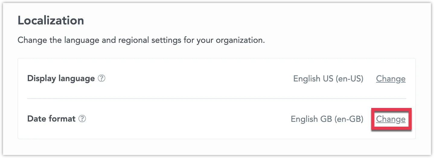 Localization section in the Settings tab showing display language set to English US. The Change button on the right side is highlighted.