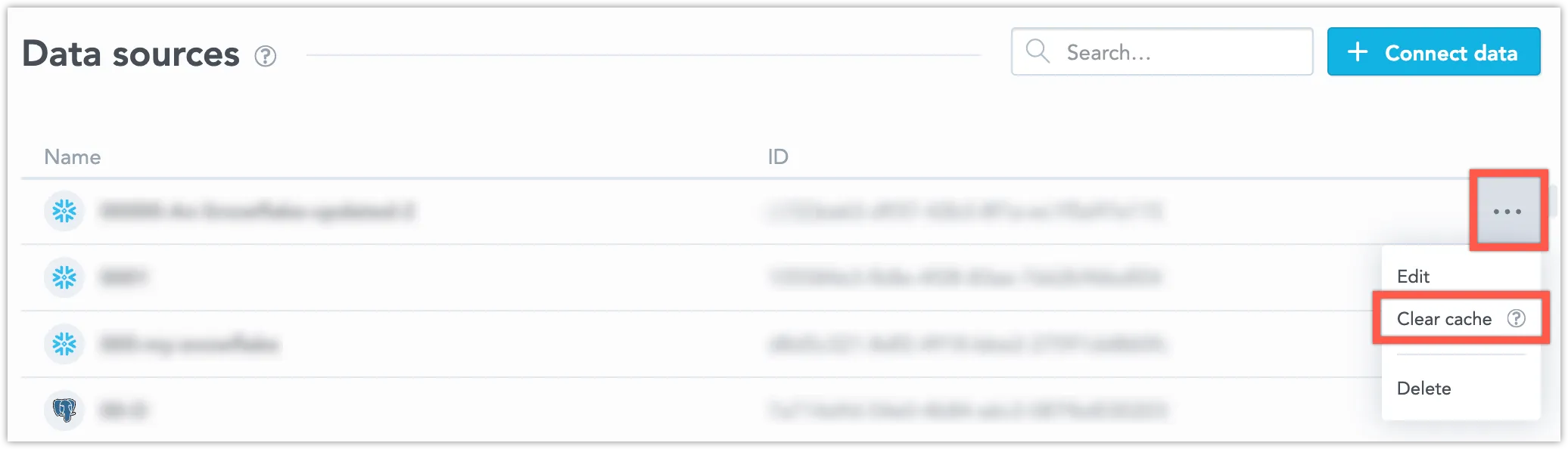 The Data Sources page with the Clear cache option highlighted in the contextual menu of a data source row.