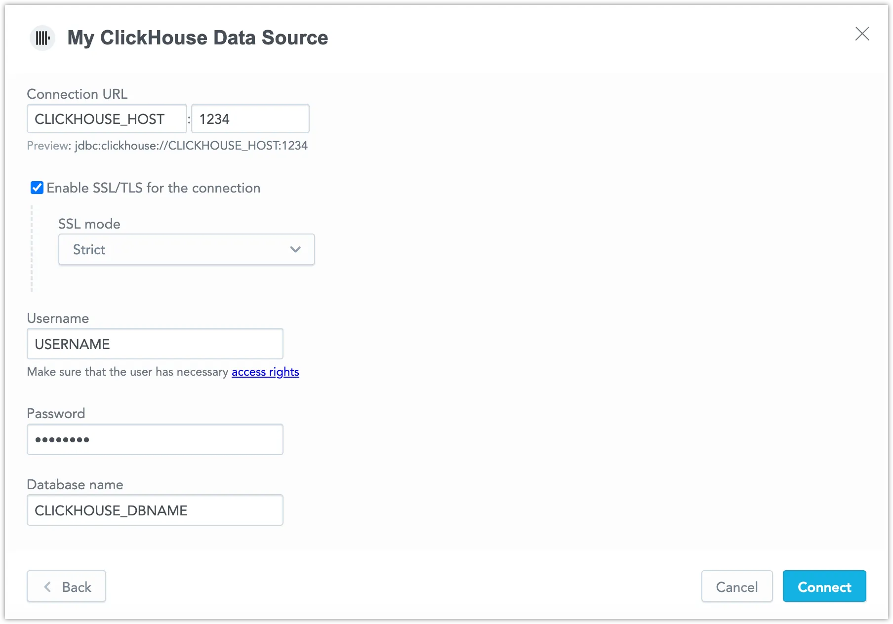 Form to enter credentials for a Clickhouse data source. Fields include the Data Source Name, Connection URL, a checkbox to enable SSL/TLS and a SSL Mode selector, Username, Password, and Database Name.