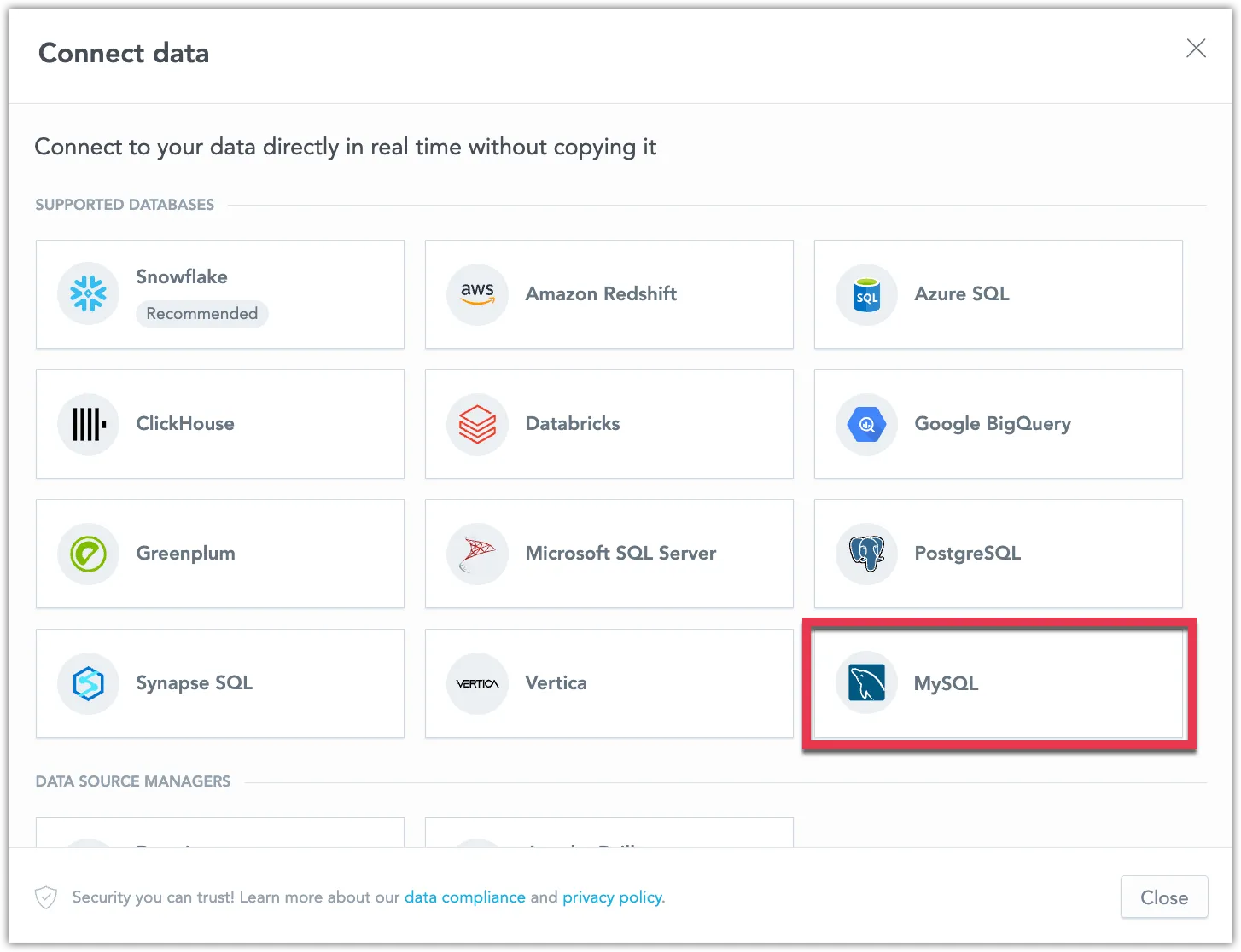 Dialog showing available data source types with the MySQL option highlighted.