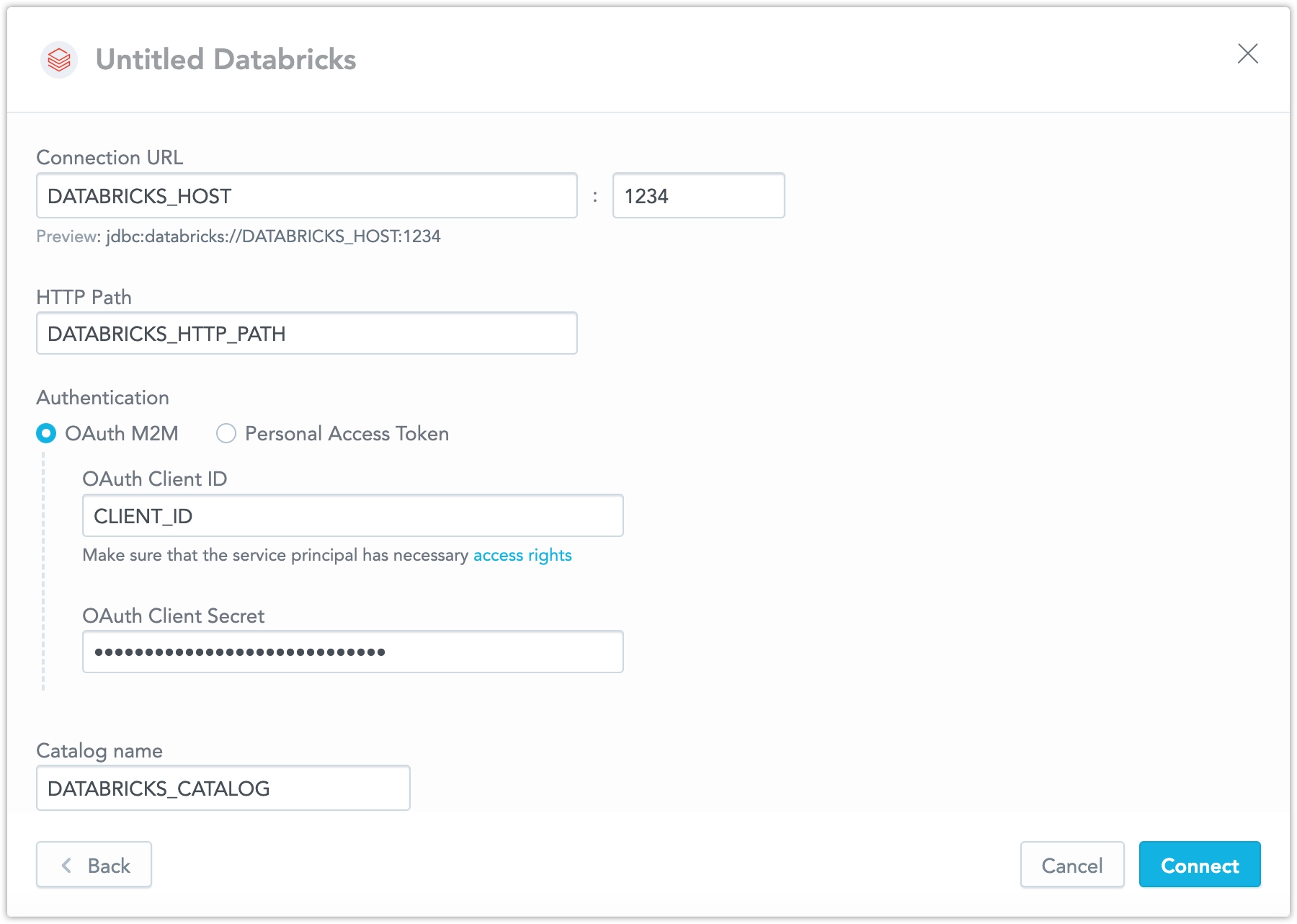 Form to enter credentials for a Databricks data source. Fields include the Data Source Name, Connection URL, HTTP Path, an Authentication Type seletor with the relevant fields, and Catalog Name.