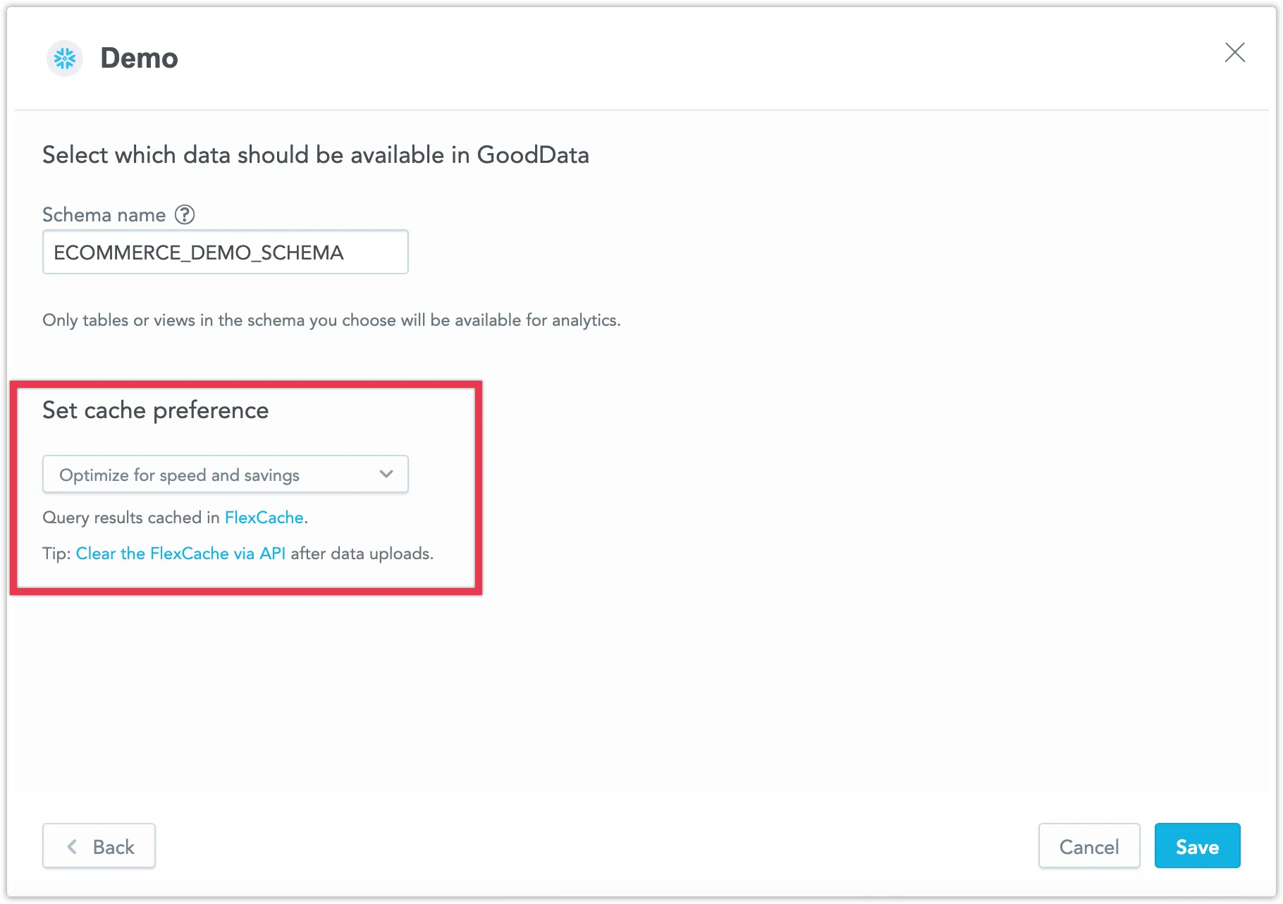 Configuration screen for setting up a new data source in GoodData. The highlighted section shows the cache preference dropdown set to Optimize for speed and savings.