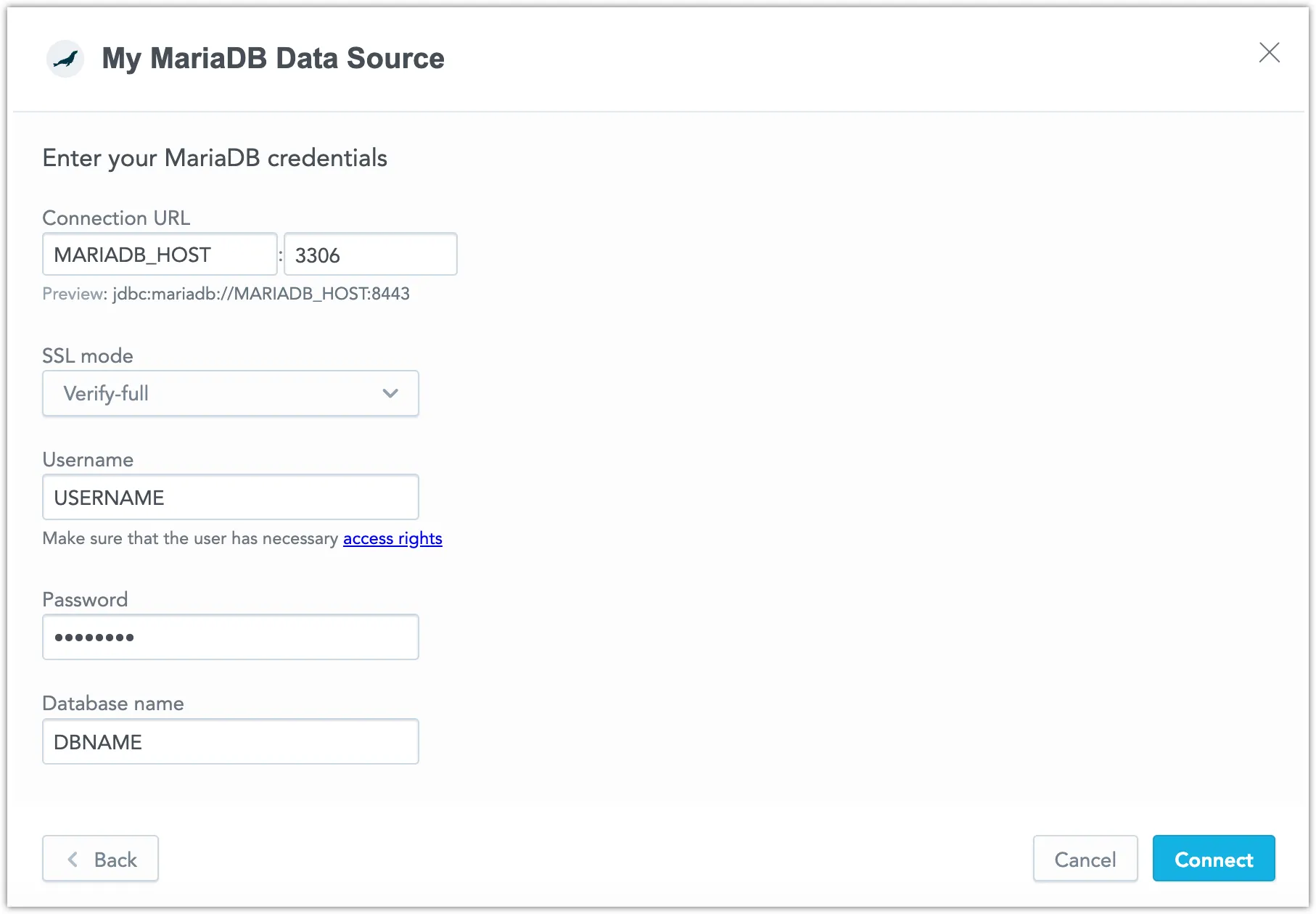 Form to enter credentials for a MariaDB data source. Fields include the Data Source Name, Connection URL, a SSL Mode selector, Username, Password, and Database Name.