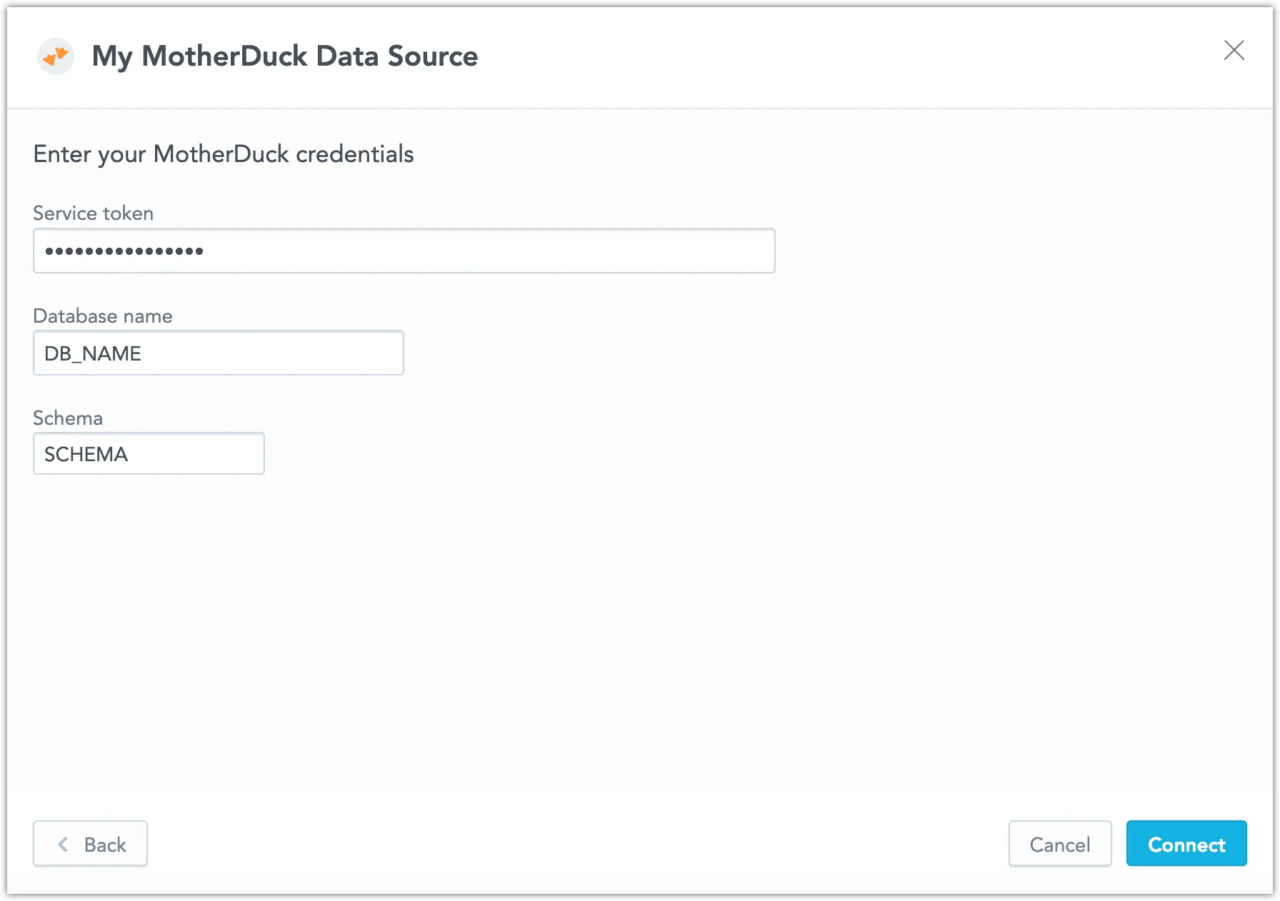 Form to enter credentials for a MotherDuck data source. Fields include the Data Source Name, Service Token, Database Name, and Schema.