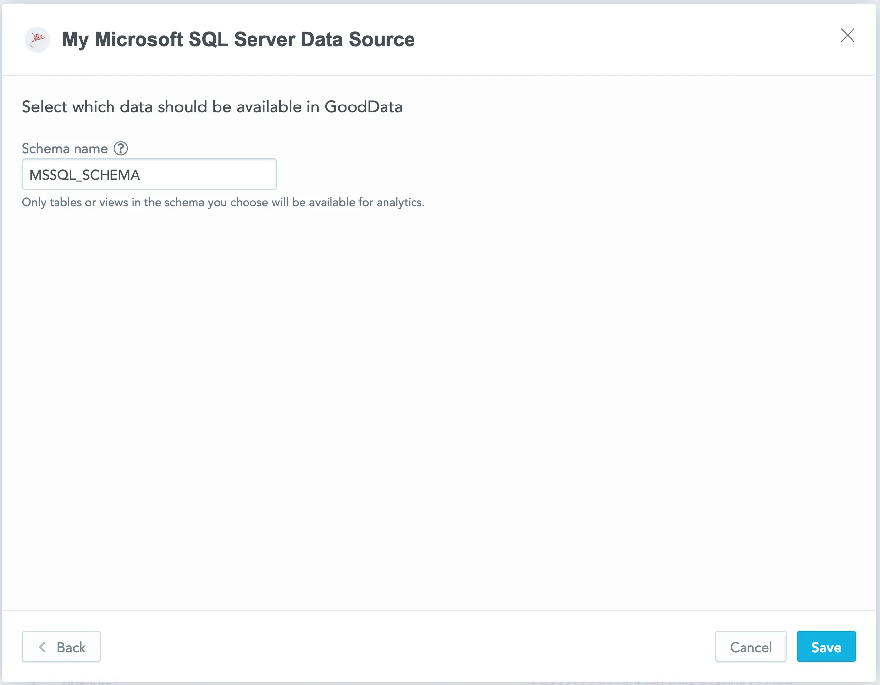 The second screen of the Data Source Credentials dialog, showing a single field to specify the schema that determines which data is accessible in GoodData.