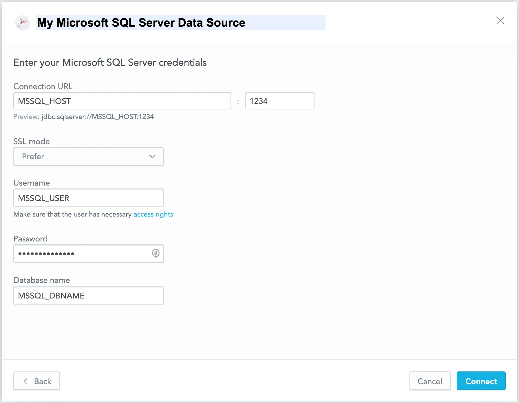 Form to enter credentials for a Microsoft SQL Server data source. Fields include the Data Source Name, Connection URL, a SSL Mode selector, Username, Password, and Database Name.