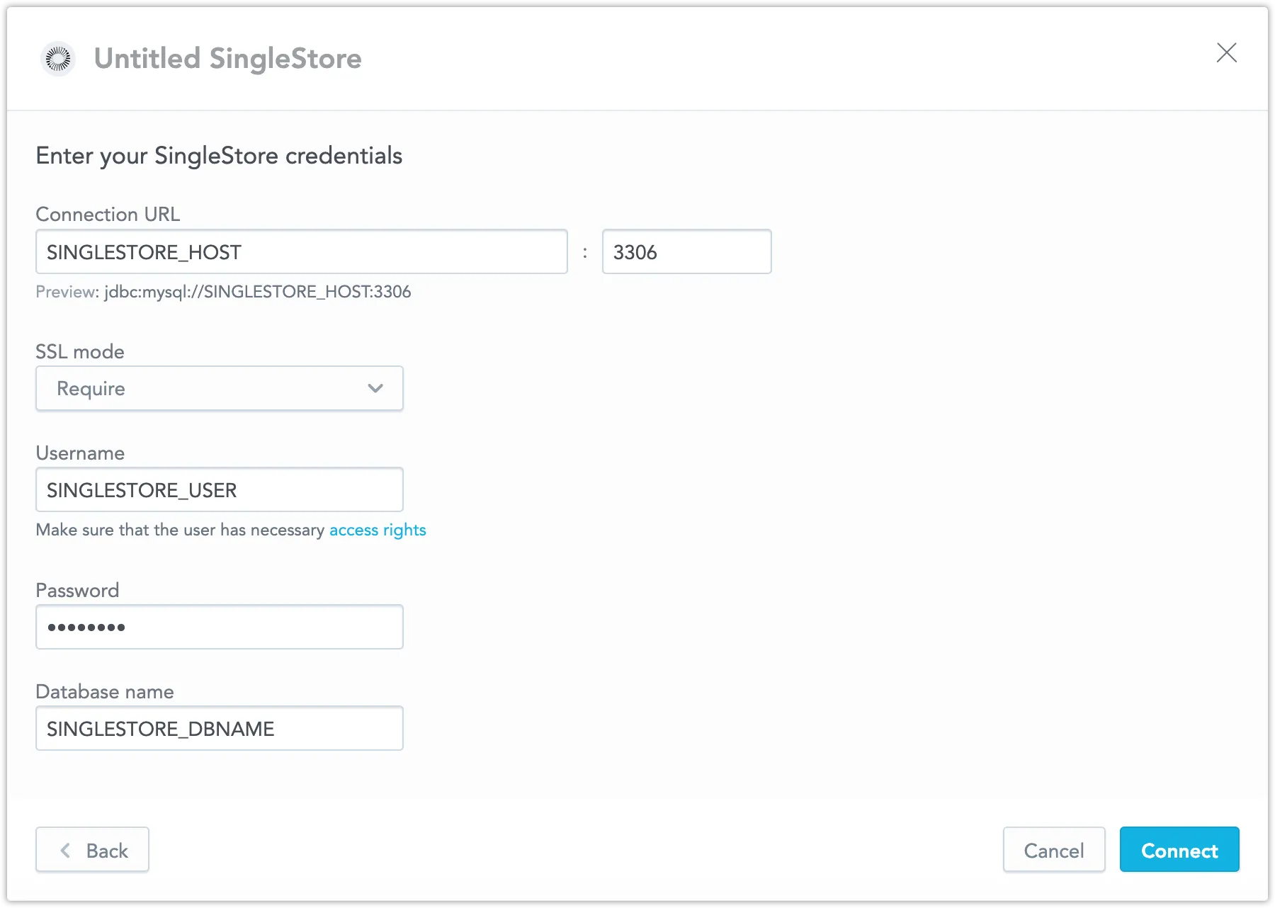 The dialog used to enter credentials for the SingleStore data source. Fields include the Data Source Name, Connection URL, a SSL Mode selector, Username, Password, and Database Name.