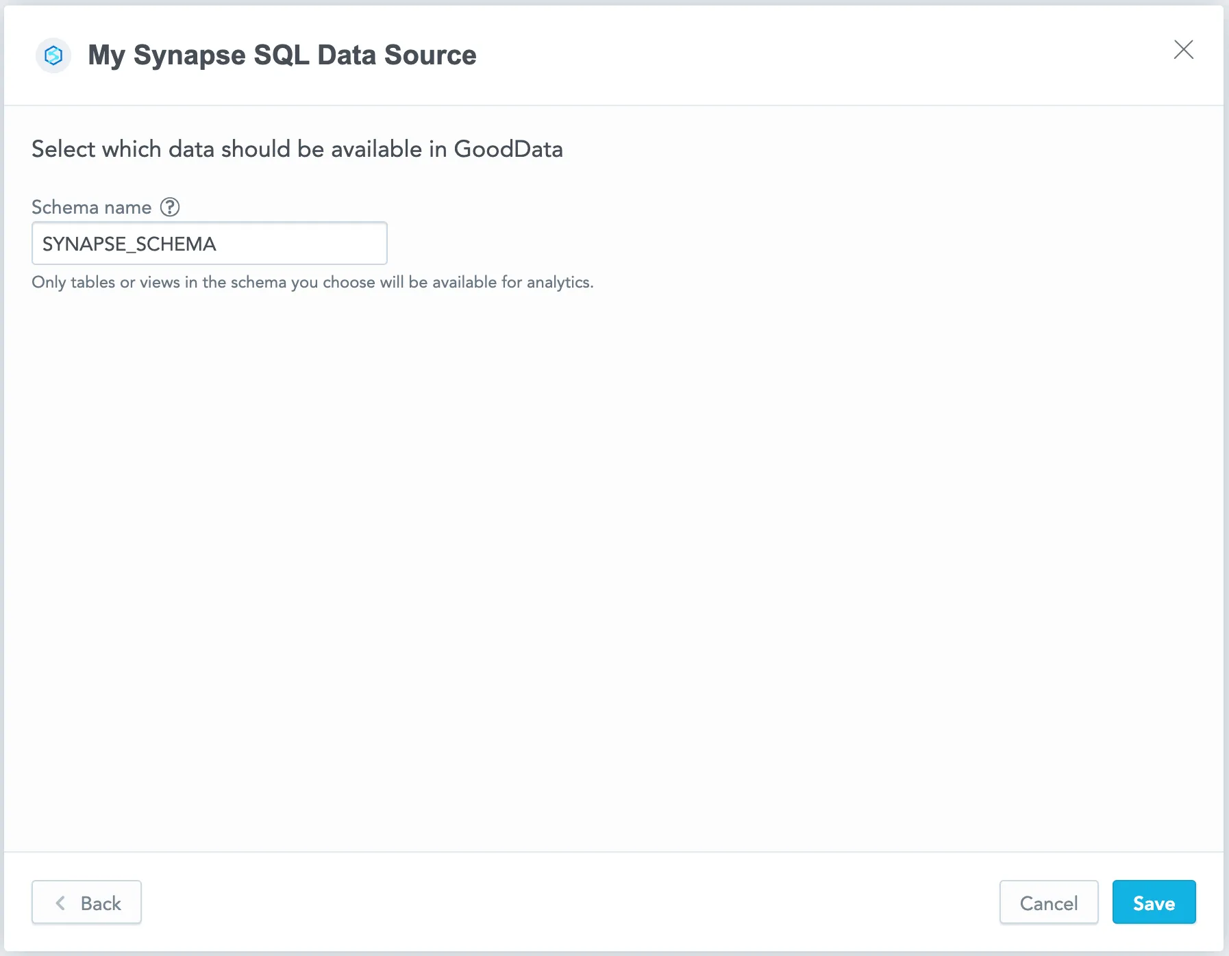 The second screen of the Data Source Credentials dialog, showing a single field to specify the schema that determines which data is accessible in GoodData.