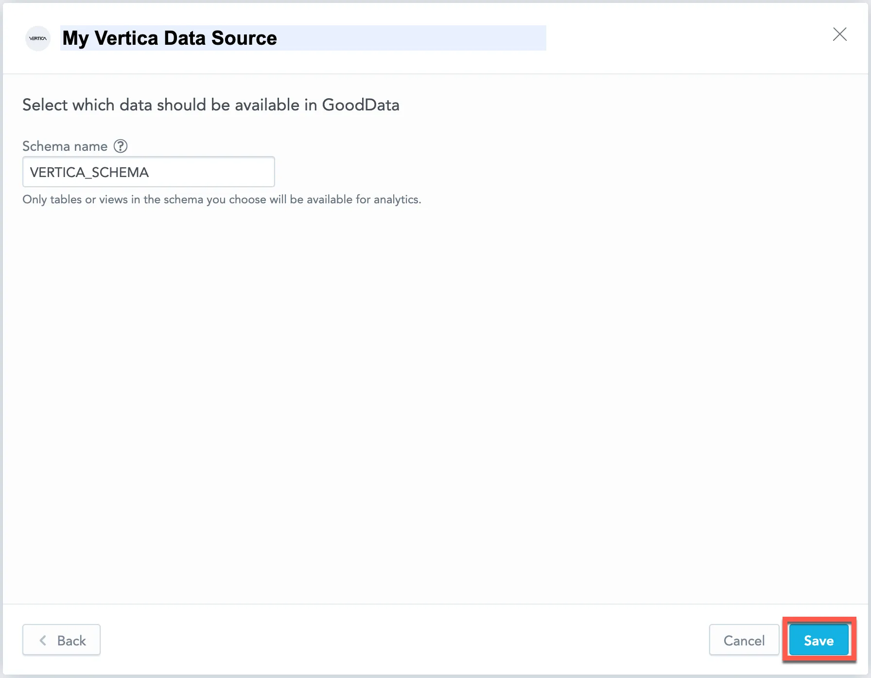 The second screen of the Data Source Credentials dialog, showing a single field to specify the schema that determines which data is accessible in GoodData.