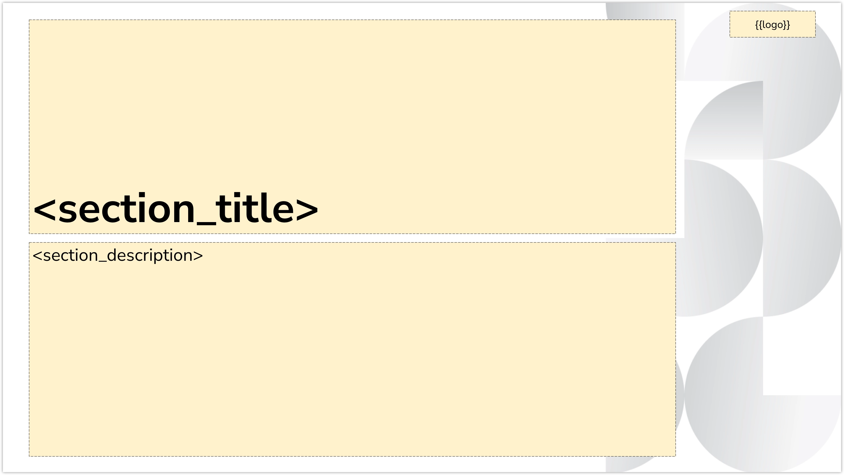 Section divider slide with a large hard coded centered section_title and a description below it. A logo is placed in the top right corner.