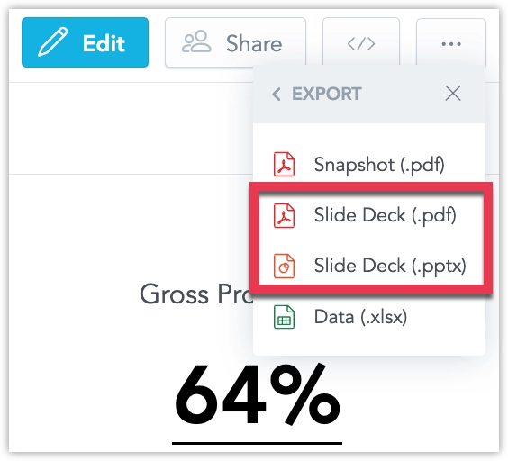 Export format menu showing Slide Deck PDF and Slide Deck PPTX options highlighted.