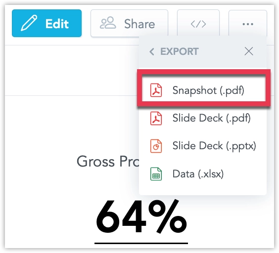 Export format menu showing the Snapshot PDF option highlighted.