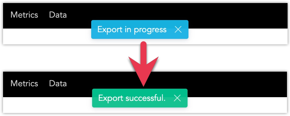 Two screenshot of the status messages shown at the top of the page when an export is taking place. First one indiciating the export is still in progress, second one indicating the export process has been completed.