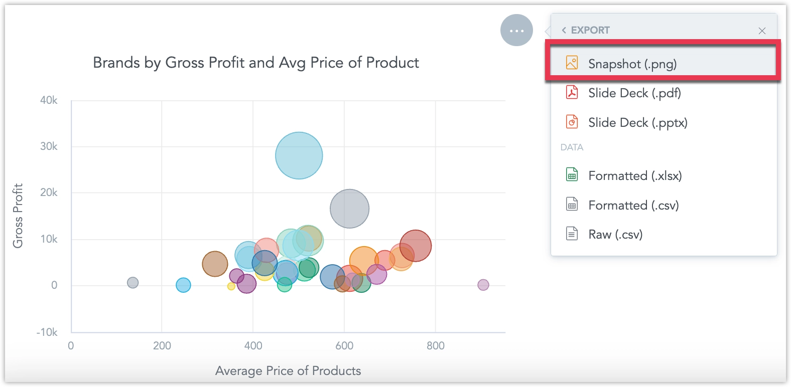 Export menu highlighting the Snapshot (.png) option.