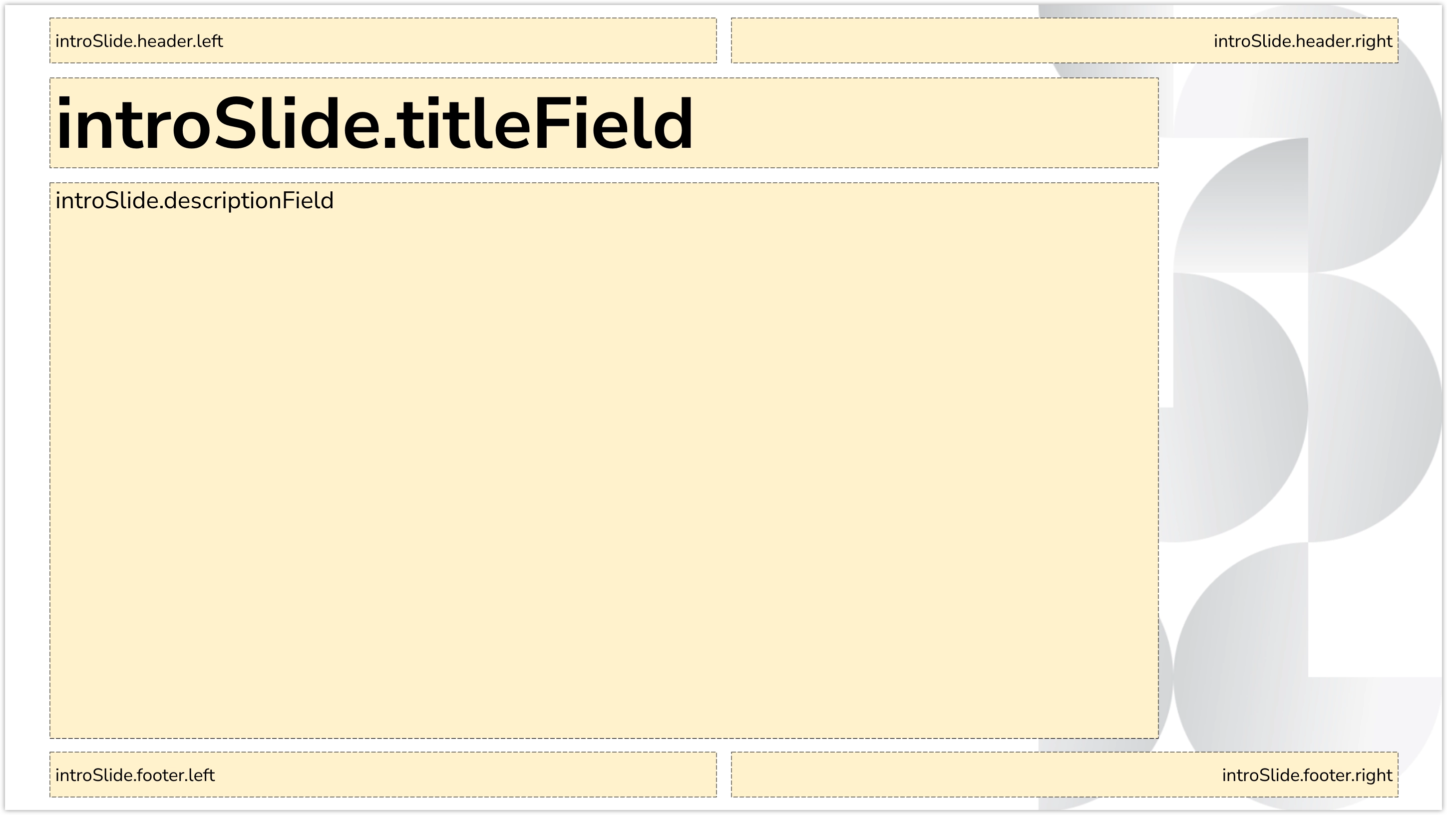 Slide with a title field labeled introSlide.titleField and a description field below. Header and footer areas are split into left and right fields, each labeled accordingly.
