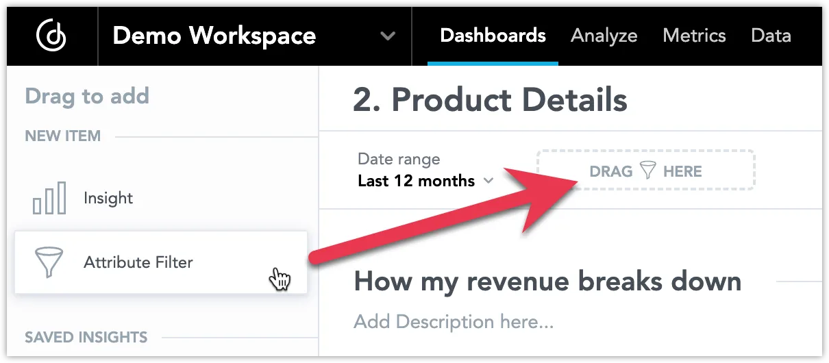 An Attribute Filter being dragged fromm the left panel to the filter bar on the right in the dashboard edit mode.