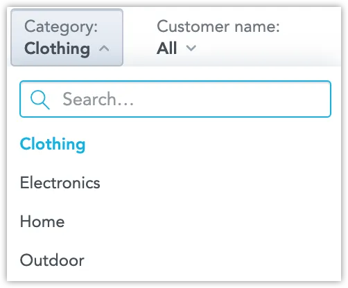 A Category attribute filter dropdown is open. Clothing is selected as the filtered value.