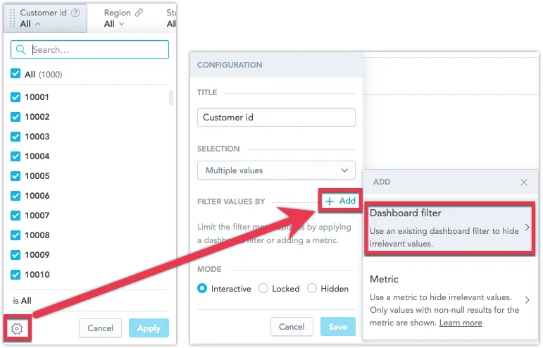 Attribute Filter configuration dialog where a filter is being refined using a dashboard filter.In the Filter configuration dialog, click the Add button next to the Filter values by option, then select a Dashboard filter.
