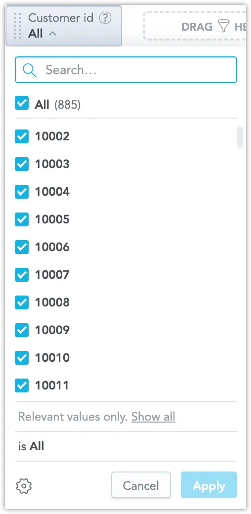 The result of filtering values shows a reduced list of customer IDs in the Attribute Filter dropdown with an option to show all.