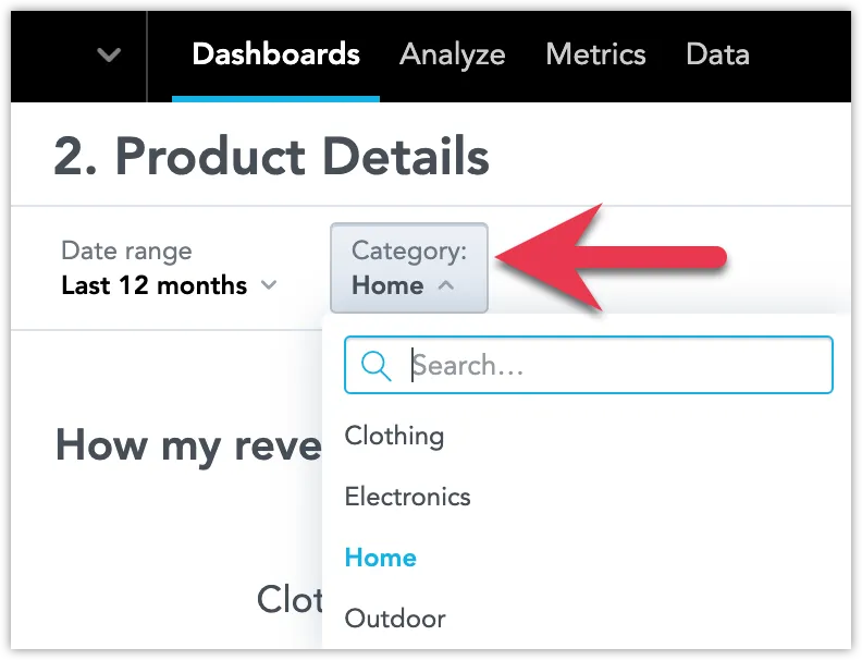 Attribute Filter with Category: Home selected, and the dropdown open showing all category options including Clothing, Electronics, Home, and Outdoor.