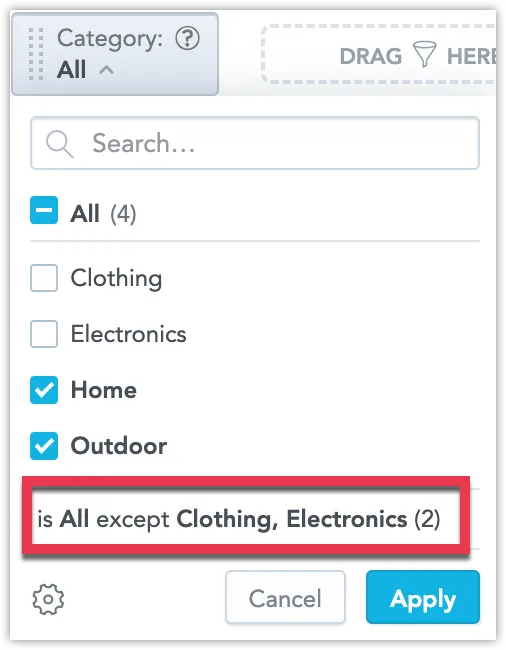 The Category attribute filter dropdown is open with Clothing and Electronics excluded.